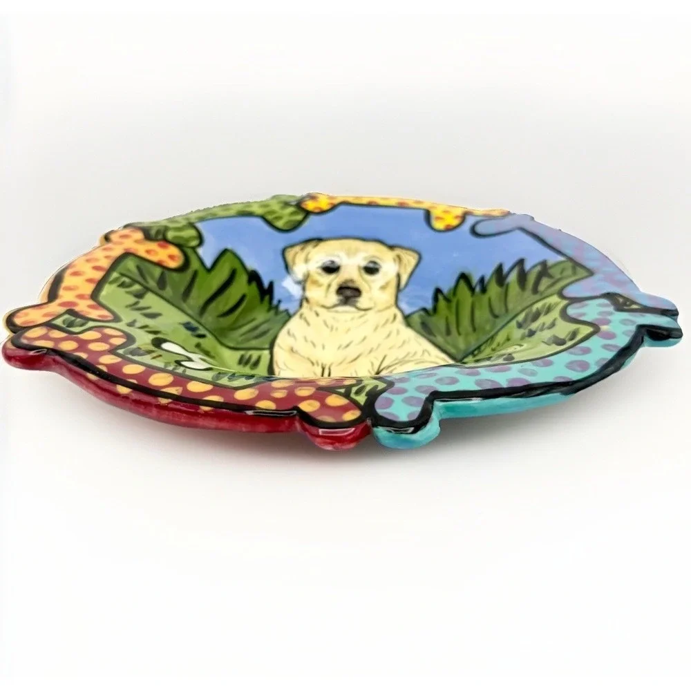 Hand-Painted Yellow Lab Pottery Colorful Bones Border Signed Art Dog Lover Gift
